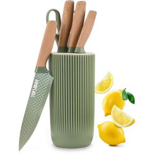 Kitchen Block Knife Sets, 6-Pieces Green Chef Knife Set with Removable Round Block, Non-stick & Non-slip Stainless Steel Sharp Knife Set for Restaurant Home Cooking, Gifts for Mom Wife Girl (Green)