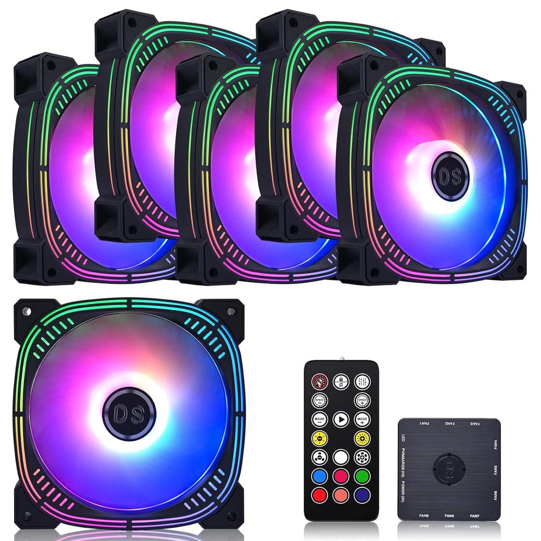 Rainbow LED RGB Fans with Controller for PC Case, CPU Cooler, Radiators System (6pcs RGB Fans, G Series)