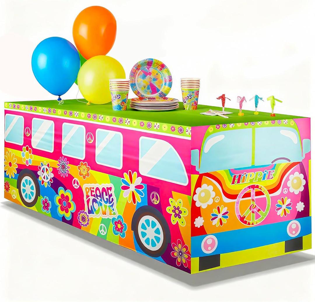 8FT Hippie Groovy Bus Tablecloth,Hippie Birthday Party Decorations for 60s 70s Boho Themed Birthday,Baby Shower,Carnival Party Decorations