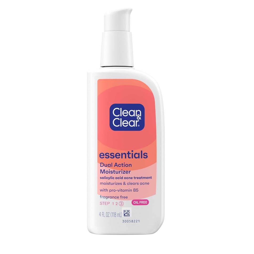 Clean & Clear Essentials Dual Action Oil-Free Facial Moisturizer, Salicylic Acid Acne Treatment with Pro-Vitamin B5 Moisturizes While Treating Acne & Helping to Prevent Pimples, 4 fl. oz, 3 Pack