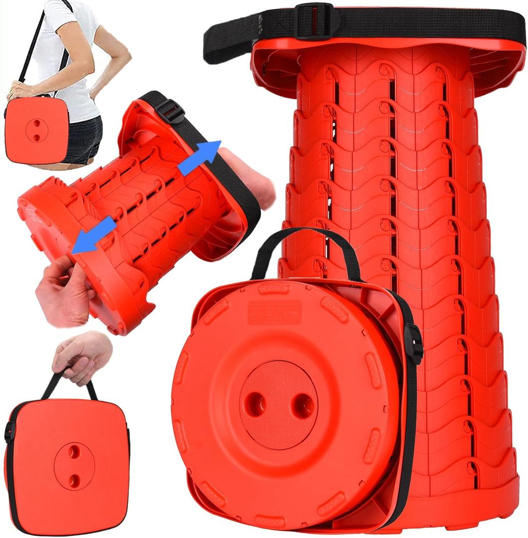 Fishboy Upgraded Square Collapsible Stool, 400lbs Max Weight, Lightweight But Sturdy, Portable Retractable Folding Telescoping Foldable Camping Stool for Adults Outdoor Fishing Hiking Travel BBQ (Square All Red)