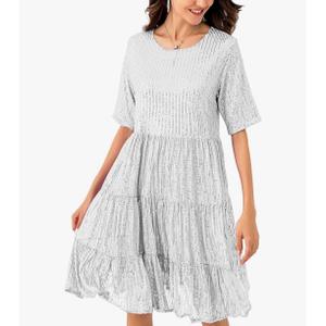 Sequin Babydoll Summer Dress，Sparkly Glitter Dress Short Flowy Tiered Tunic Dress for Women Party Club Night M