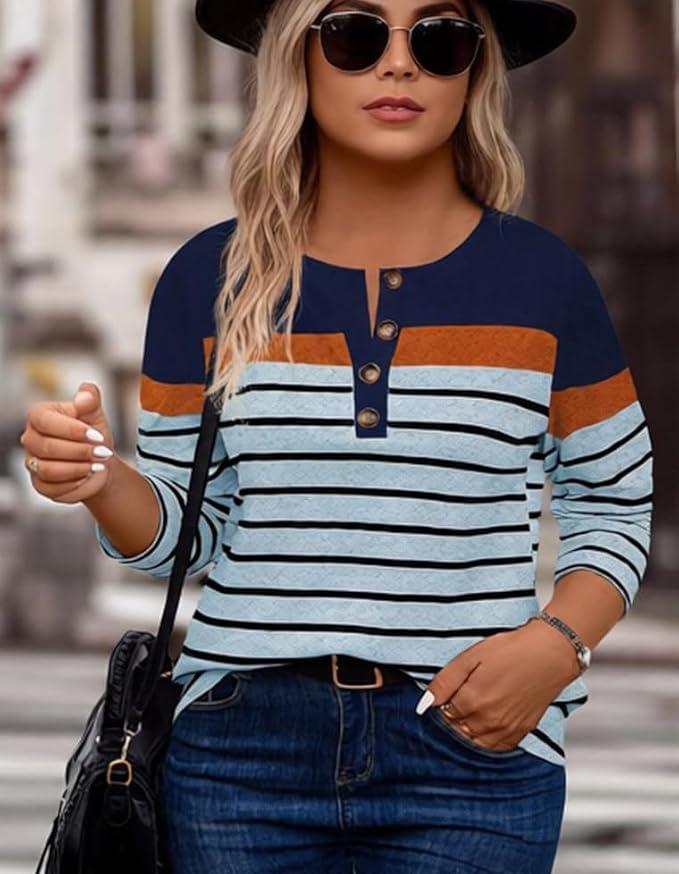 Women's Striped Button Down Shirts Long Sleeve Slim Fit Collared Blouse Tops, 3XL