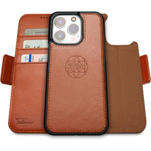 Dreem Wallet Case for iPhone 14 Pro Max, 2 Way Phone Stand, Magnetic Detachable Vegan Leather Flip Cover RFID Blocking Card Holder, MagSafe-Fit, Gift Box [Fibonacci: Caramel]