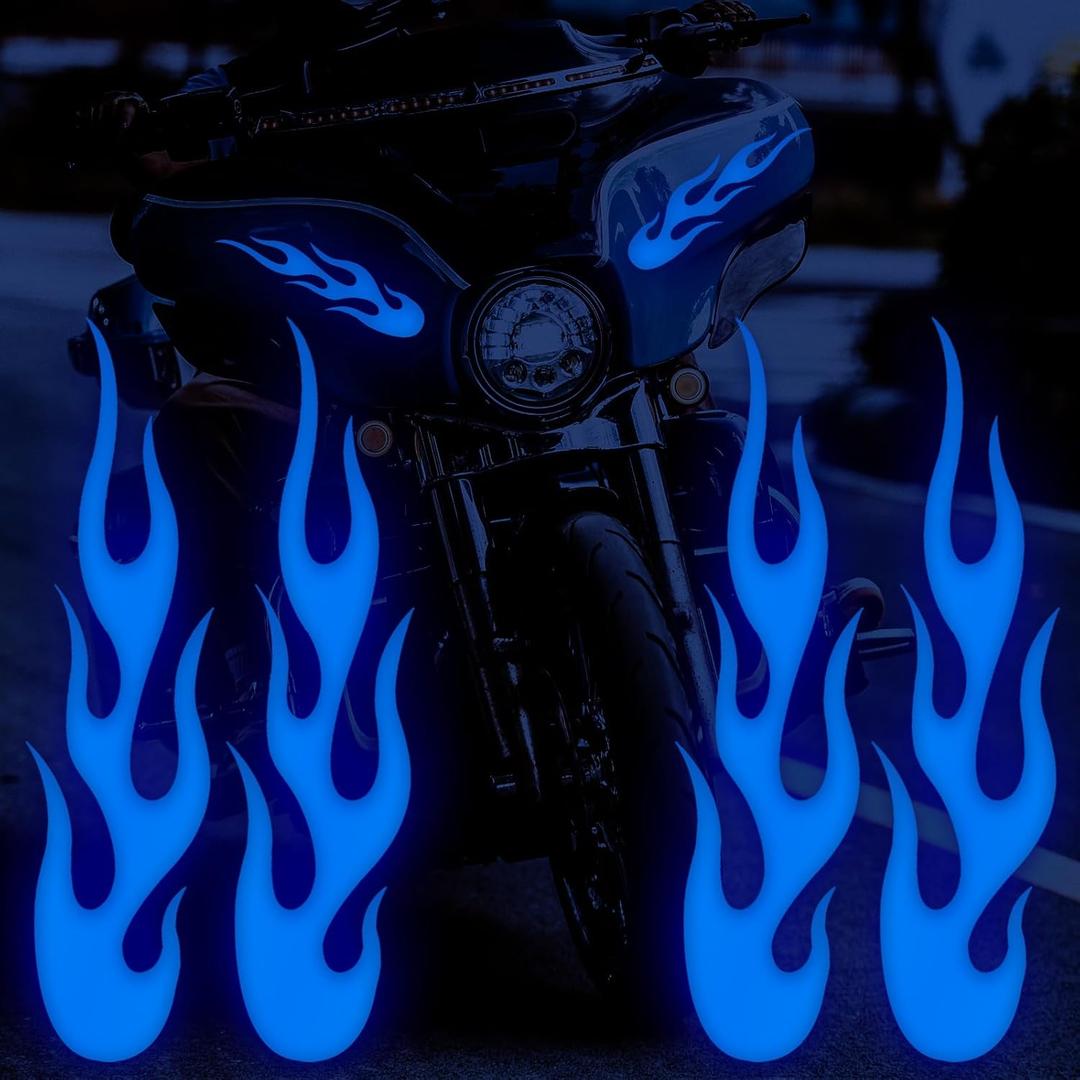 Flame Decals for Cars, Blue Flame Stickers for Helmet, Reflective Decals for Motorcycles Bike Skateboard Decoration, 4 PCS (29*6)