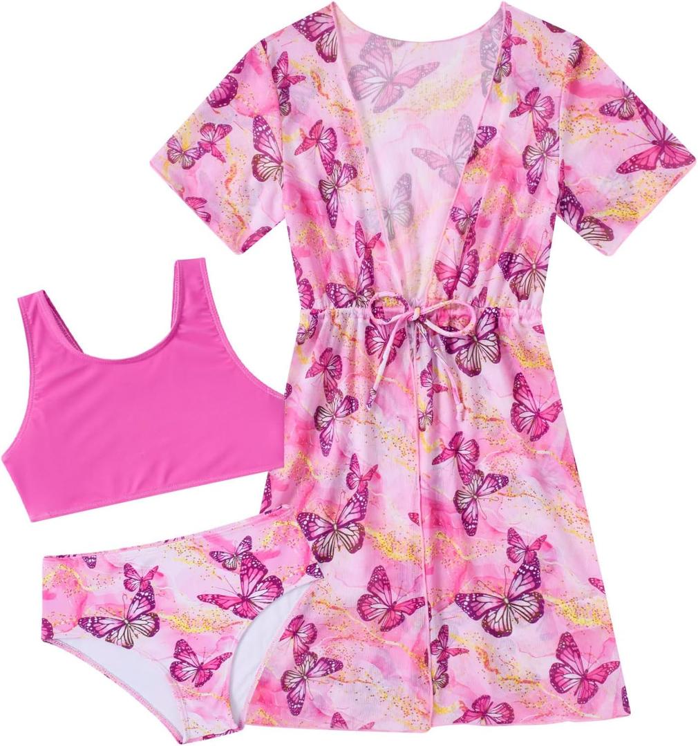 AIDEAONE 5-16T Girls Bathing Suit 3 Piece Swimsuit Drawstring Quick Dry Tankini with Cover Ups (9-10 Years, Pink Butterflies)
