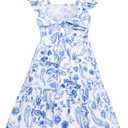 GRACE KARIN Girls Summer Floral Dress Fancy Flowy Flutter Sleeves Casual Back Bow Tie Dress, 10Y Blue and White (White)