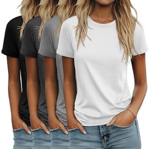 Ficerd 4 Pack Women's Cotton T Shirts Casual Short Sleeve Tunic Tops Crewneck Plain Summer Loose Fit Rolled Sleeve Basic Tee
 XL