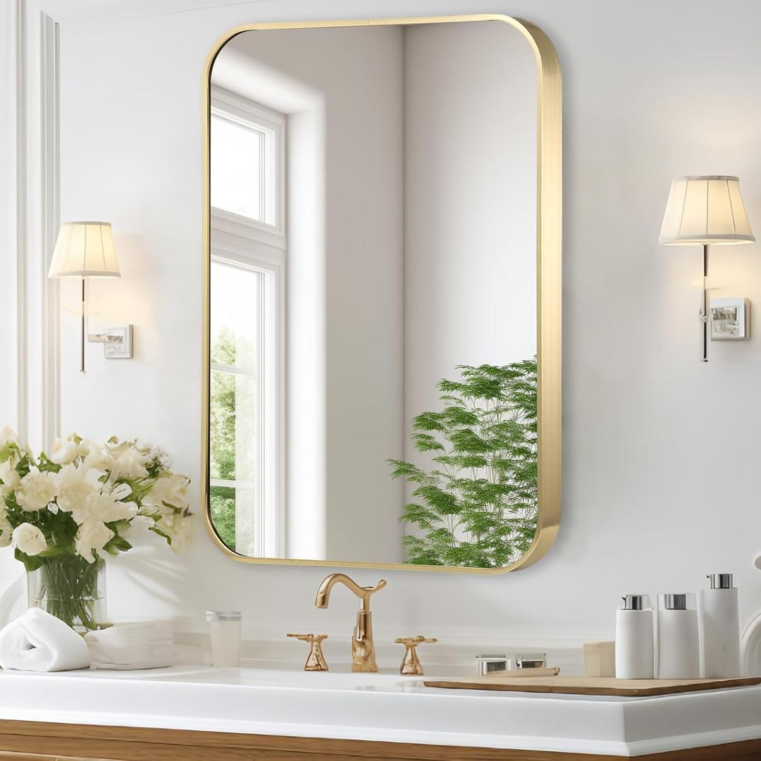 Gold Bathroom Mirror, 30x36 Inch Brushed Gold Mirror, Aluminum Alloy Framed Vanity Mirror, Rounded Rectangle Bathroom Mirror for Over Sink, Anti-Rust Wall Mirror (Horizontally or Vertically)