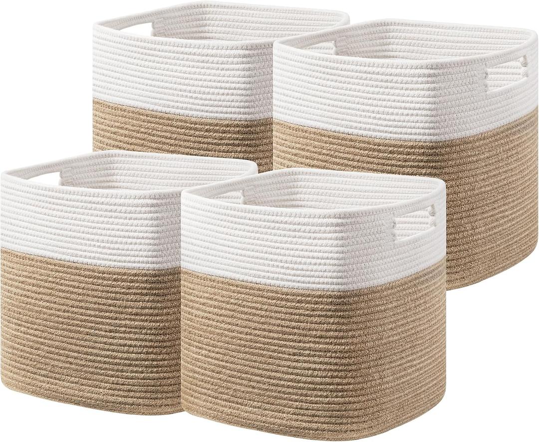 UBBCARE Set of 4 Storage Basket-13 X 13 X 13 in, Cotton Rope Basket for Shelves, Toys, Book, Cube Storage Bins with Handles, Woven Storage Basket for Organizing, White & Jute