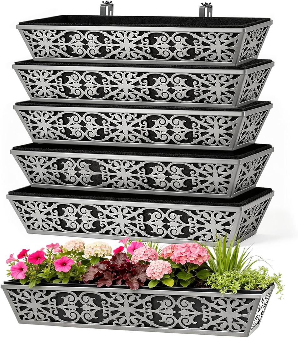 6 Pack 30 Inch Window Boxes Planter for Outdoor Plants Deck Railing Planters Box with Adjustable Brackets for Porch Fence Balcony Hanging Flower Baskets with Non-Woven Fabric Liner for Garden Dcor