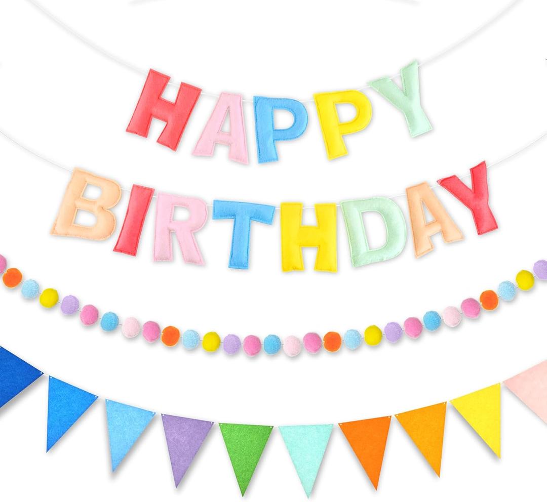 CANREVEL Pre-Strung 3D Happy Birthday Banner, 3 PCS Pastel Felt Garland, Pom Pom Garland, Triangle Fabric Bunting, Reusable Pastel Birthday Decorations for Women Girls