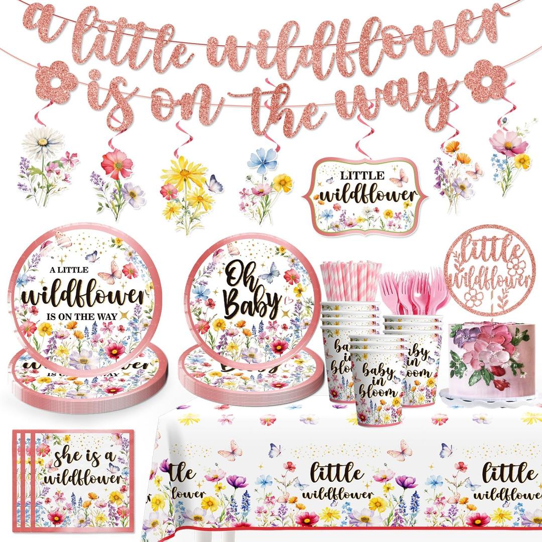 162pcs Wildflower Baby Shower Decorations Tableware for 25 Guests A Little Wildflower is on the Way Baby Shower Banner Hanging Swirls Plates Napkins Straws Forks Tablecloth for Girl