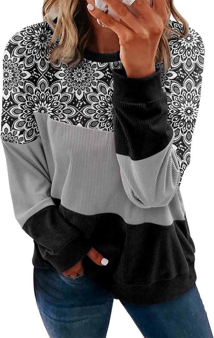 KISSMODA Womens Casual Long Sleeve Sweatshirts Color Block/Solid Tops Corduroy Crewneck Tunic Pullover with Pockets (Large)