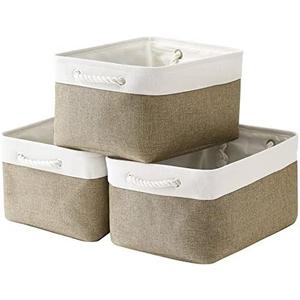 TheWarmHome Storage Basket for Organizing - 16x12x8 inch Large 3 Pack Collapsible Storage Bin for Shelves with Handles, Fabric Storage Cubes for Organizer Cloth Gift Toy Closet (Whiet & Khaki)