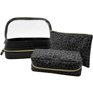 Makeup Bag 3 Pack, Double layer Transparent Cosmetic Bag Organizer, Women's Toiletry Bag, Travel Essentials (Black)