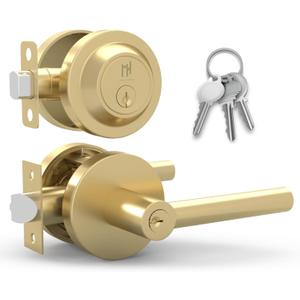 Mega Handles Ronn Entrance Combo, Entry Lever Door Handle and Single Cylinder Deadbolt Lock and Key Combo Pack, Heavy Duty Round Locking Door Levers Set for Left or Right-Handed Doors - Satin Brass