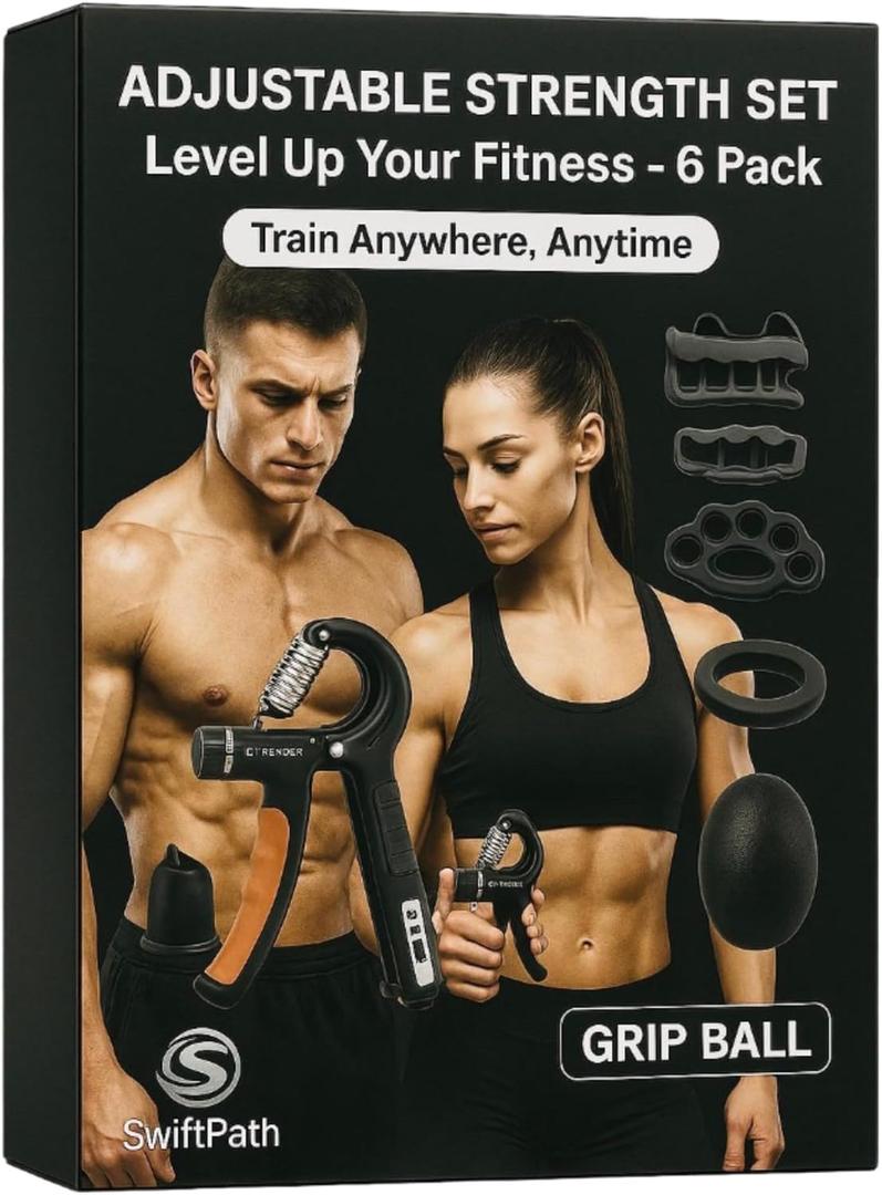 Hand and Forearm Grip Trainer Kit 6 Pieces: Hand Gripper - Finger Rings - Stress Ball - Forearm Exerciser - For Gym, Calisthenics- Rock Climbing - Powerlifting - Strength Sports. (Black)