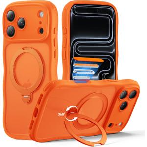 for iPhone 17 Pro Case for Women Girls with Stand,Compatible with MagSafe,Camera Control,Full Camera Protection, Cute Wave Magnetic Phone Case for iPhone 17 Pro,Orange