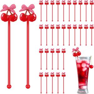 100 Pcs Cherry Bow Drink Stirrers 6 Inch Pink Red Coquette Bow Swizzle Sticks Plastic Preppy Coffee Cocktail Stir Sticks for Bachelorette Galentines Day Valentines Wedding Party Favors