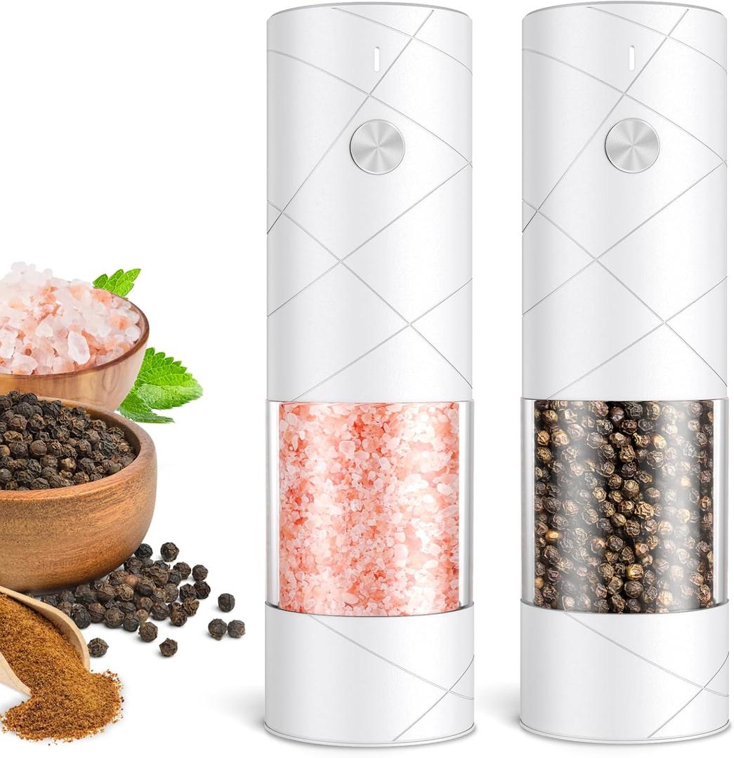 Electric Salt and Pepper Grinder Set, Rechargeable Automatic Pepper Mill Grinder with LED Light, House Warming Gifts New Home, One-Hand Operation for Kitchen Appliances(2 Pack Upgrade White)