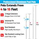 YEECHUN Professional 15 Foot Swimming Pool Pole Telescopic Aluminum Fits Pool Net Skimmer Rake Vacuum Head Brush Cleaning Equipment Heavy Duty,for Skimmer Nets, Vacuum Heads and Brushes