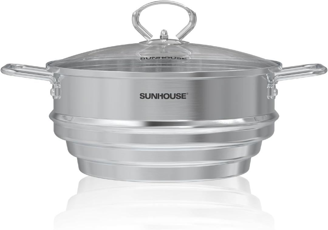SUNHOUSE 5 Quart Stainless Steel Steamer Insert  Multi-Purpose Soup & Food Steamer with Stay-Cool Handles & Heavy-Duty Glass Lid  Fits Various Pot Sizes (8", 9", 9.5")