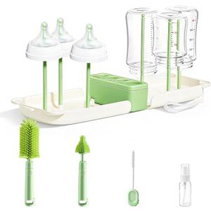 Travel Baby Bottle Cleaner Kit7-in-1 Baby Bottle Brush Set for Travel and Home, All-in-One Baby Bottle Washing Kit: Integrated Cleaning & Drying System for Bottles and Breast Pump Parts (Green)