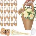Gilprop 50 Packs Kraft Paper Flowers Gift Bags with Floral Card Holder Picks Ribbons and Thank You Card 13.8'' Flowers Bouquet Holder for Wedding, Valentines Day Decoration, Florist Shop