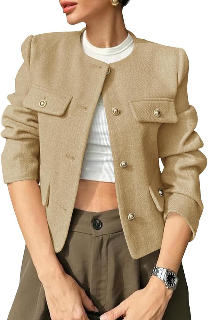 Cicy Bell Womens Cropped Tweed Blazers Jacket Collarless Button Down Business Casual Winter Coats 2026 Spring Outfits (Small, Khaki)
