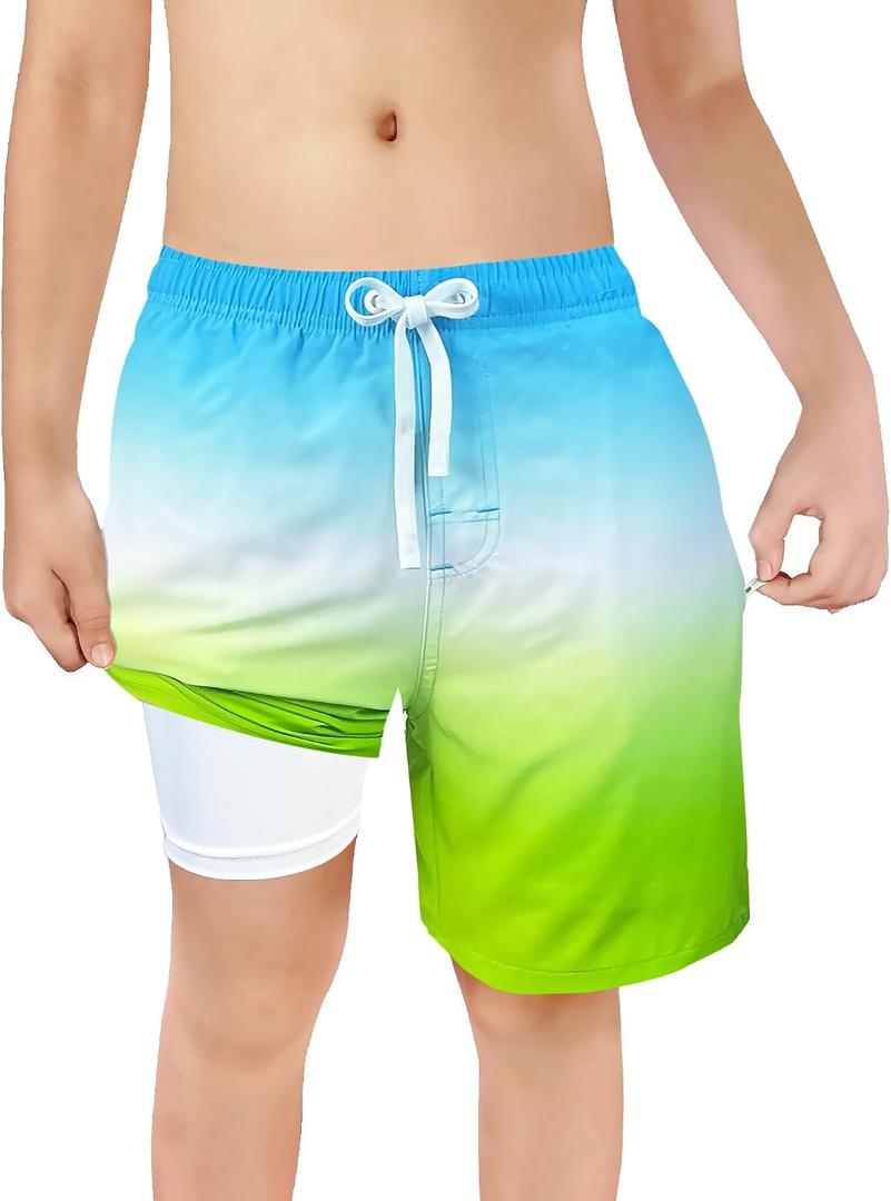 Boys Swim Trunks Zipper Pockets Compression Liner Anti Chafe Swimsuit Bathing Beach Shorts Surf Quick Dry UPF 50+ (Size 18-20)