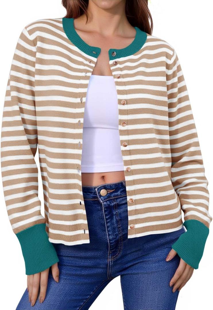 Saodimallsu Womens Striped Cardigan Sweaters Button Down Lightweight Color Block Crewneck Long Sleeve Knit Fall Cardigan, M, 8-10