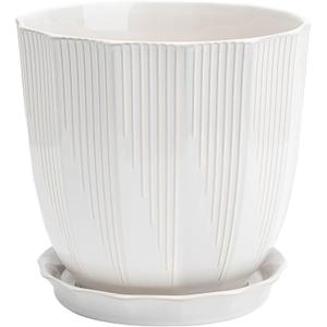 ADN 10 Inch Ceramic Planter Pot with Drainage Hole and Saucer,Large Round Plant pots for Indoor Outdoor Plants,Modern Flower pots, White