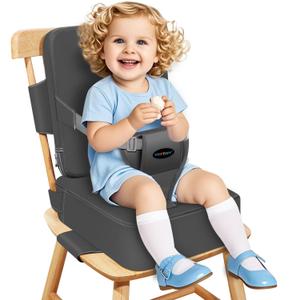 YONTINY Toddler Booster Seat for Kitchen Chair with Removable Backrest & Adjustable Straps, PU Portable Waterproof & Non-Slip Booster Seat for Dining Table, Travel Child Eating Cushion - Dark Grey