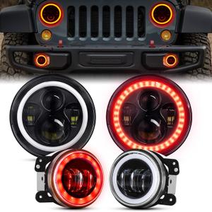 YEEGO DIRECT 7 Inch Halo LED Headlights with 4 Inch Fog Light, Red DRL Amber Turn Signal Light, DOT Approved, Halo Headlights For Wrangler 1997-2017 JK TJ LJ CJ (Red)