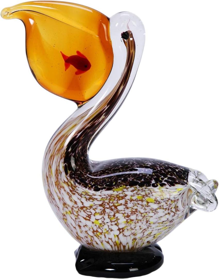 Beachcombers 7" Pelican w/Fish Decorative Glass Art Figure Figurine All Seasons Summer Beach House Coastal Nautical Fireplace Mantle End Table Bedroom Kitchen Tabletop Decor Decoration Yellow