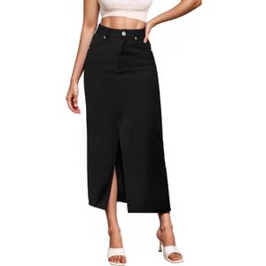 Hybrid & Company Women's Long Denim Skirt – Stretch Jean Skirt for Office and Casual Wear LSKS19410 Jet Black 10