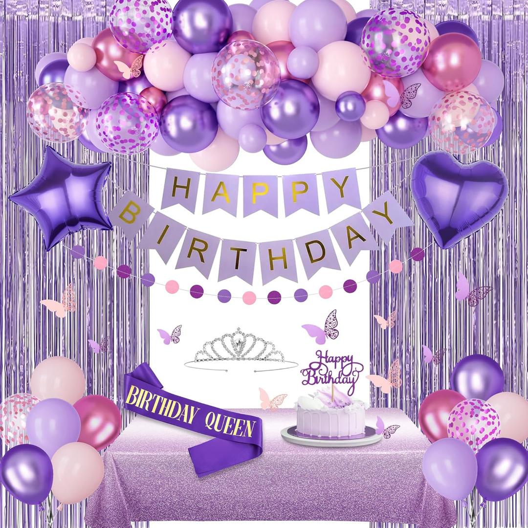 Purple Birthday Decorations for Women Girls, Pastel Pink and Purple Balloons Foil Table Cloth Sash Crown Fringe Curtains Happy Birthday Banner Circle Garland Butterfly Cake Topper Party Supplies