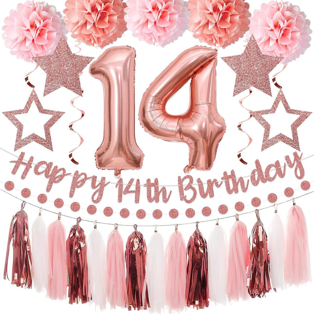 Kuxriox 13Pcs 14th Birthday Decorations for Girls, Pink Rose Gold Happy 14th Birthday Banner and Balloons, Glittery 14 Year Old Bday Tissue Pompoms, Circle Dots Garland, Tassel Garland Party Supplies