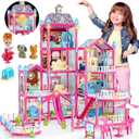 Doll House for Girls ,10 Rooms Pink Doll House with Dolls Figure, Puppies ,Furnitures, Accessories, LED Light, Toddler Playhouse Gift for for 3 4 5 6 7 8 9 10 Year Old Girls Toys