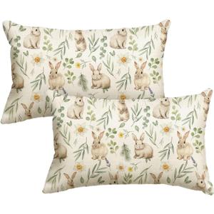 AVOIN colorlife Easter Bunnies Flower Throw Pillow Covers, 12 x 20 Inch Eucalyptus Leaves Cushion Case Decoration for Sofa Couch Set of 2