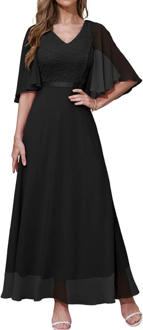 DRESSTELLS Formal Wedding Guest Dresses, 2026 Spring Bridesmaid Party Cocktail Evening Long Prom Lace Dress (Black, XXXL)