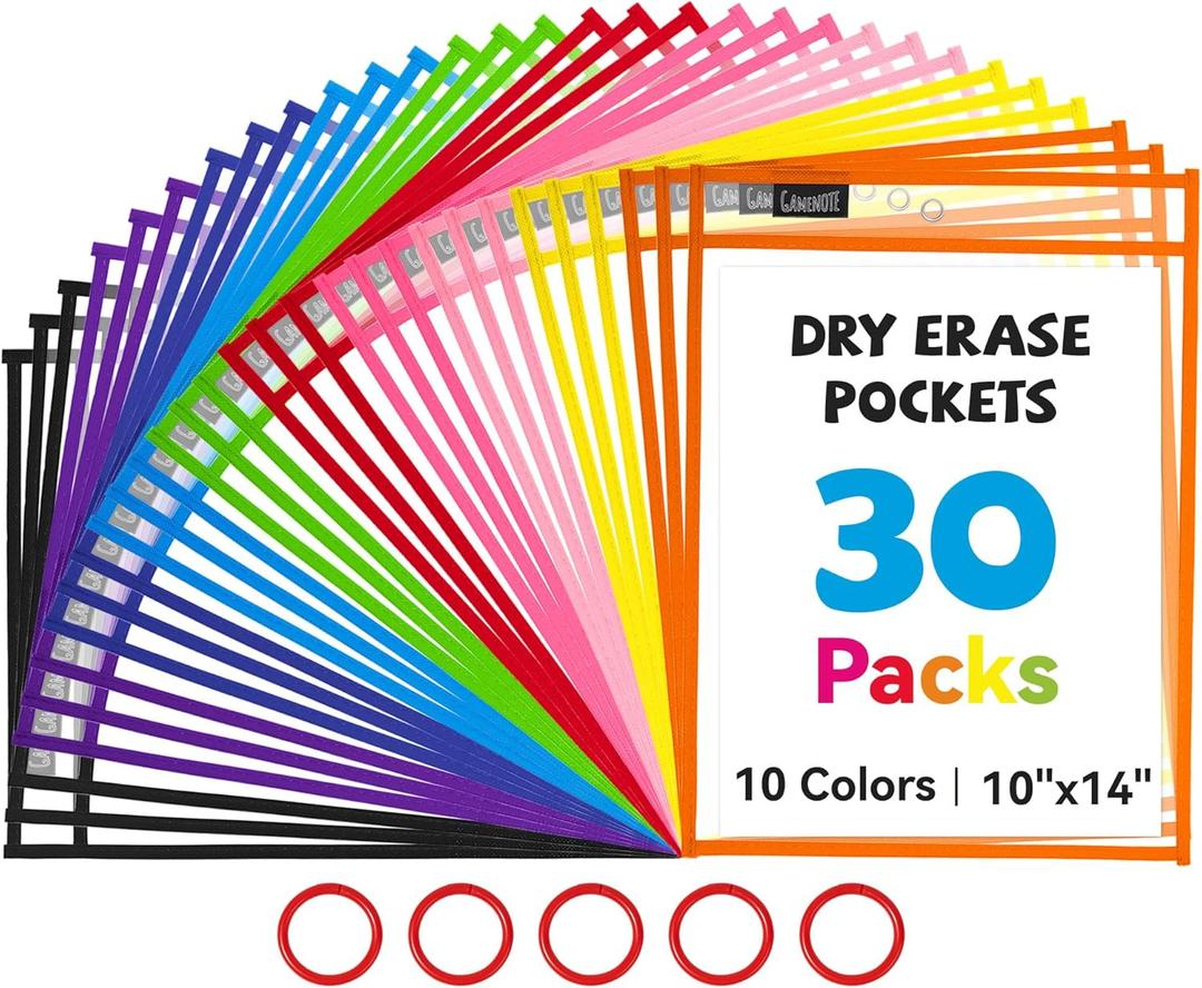 Gamenote 30 Pack Dry Erase Pockets with 5 Rings, 10 Assorted Colors 10x14 Oversized Reusable Plastic Sleeves, Clear Sheet Protectors, Teacher Supplies for Classroom Organization