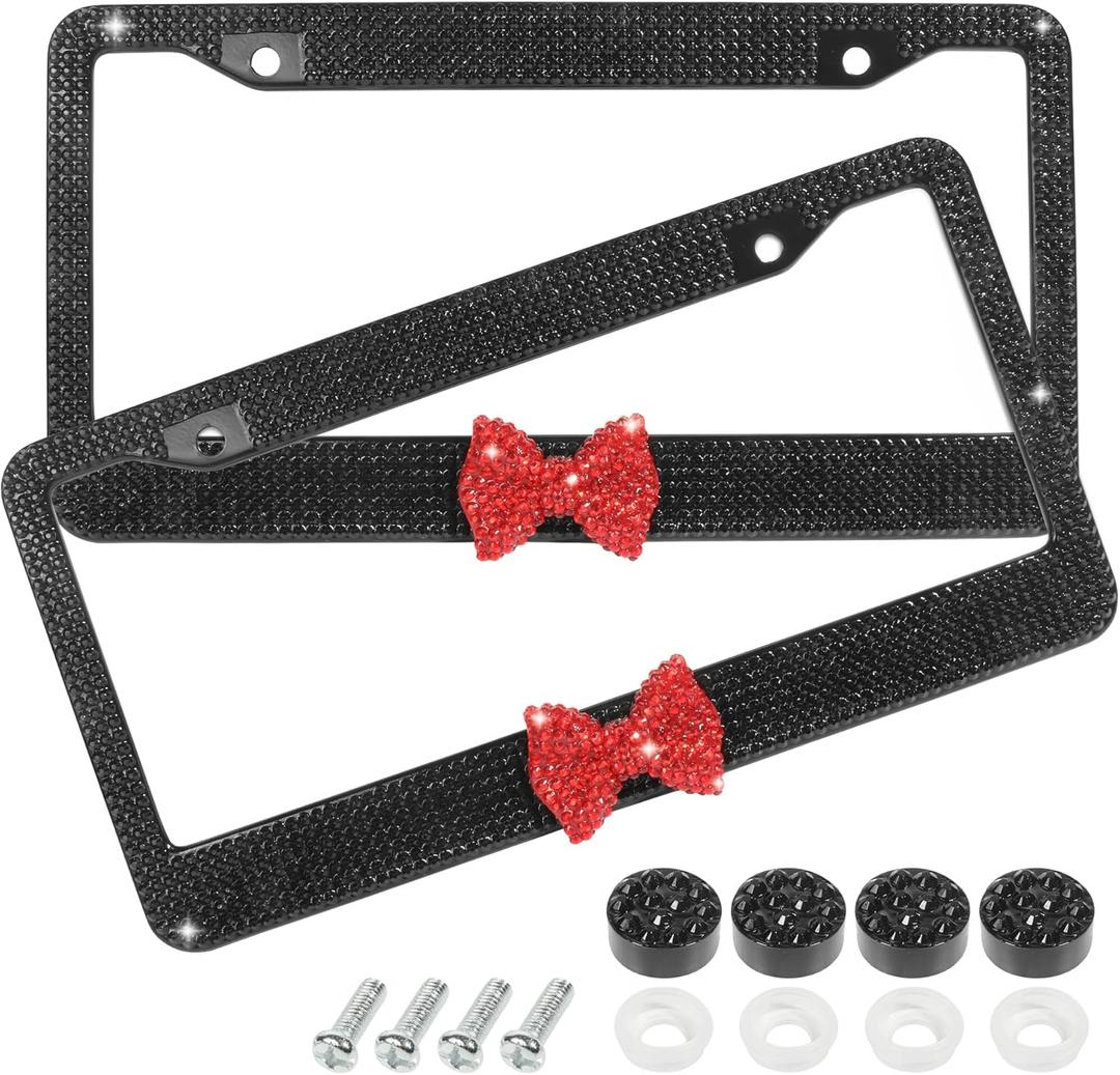 License Plate Frame,Cute Car Accessories Stainless Steel Crystal Car Plate Covers,Shiny Rhinestones Premium License Plate Holder with Mounting Bolts,License Plate Frames (Black&Red)
