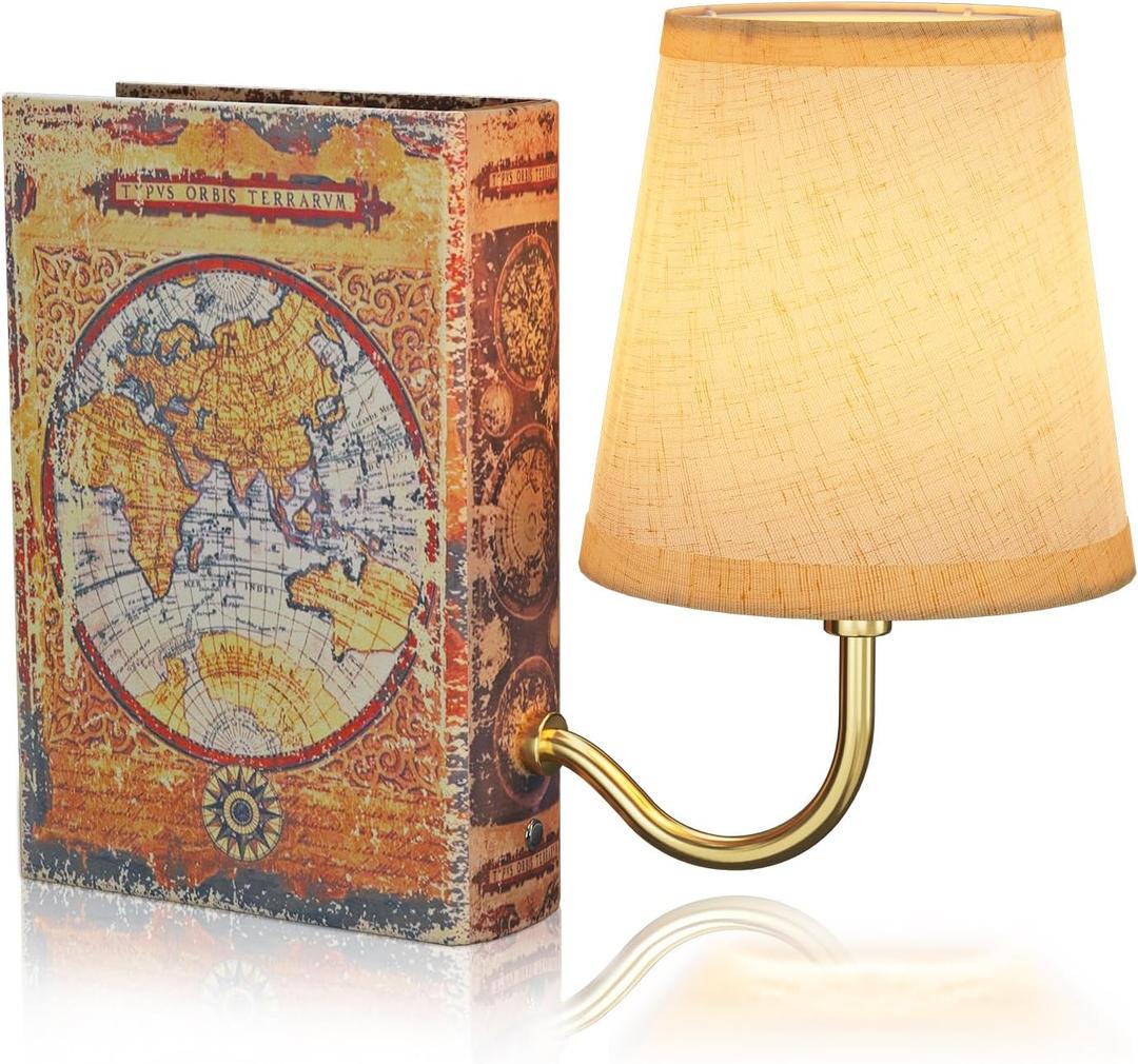 Gold Warm Light Vintage Bookshelf Lamp Rechargeable, Cordless Bookcase Lamp with Linen Shade, Dimmable Touch Control Table Lamp, Modern Decorative Bookend, Bookshelf Lights for Office Home