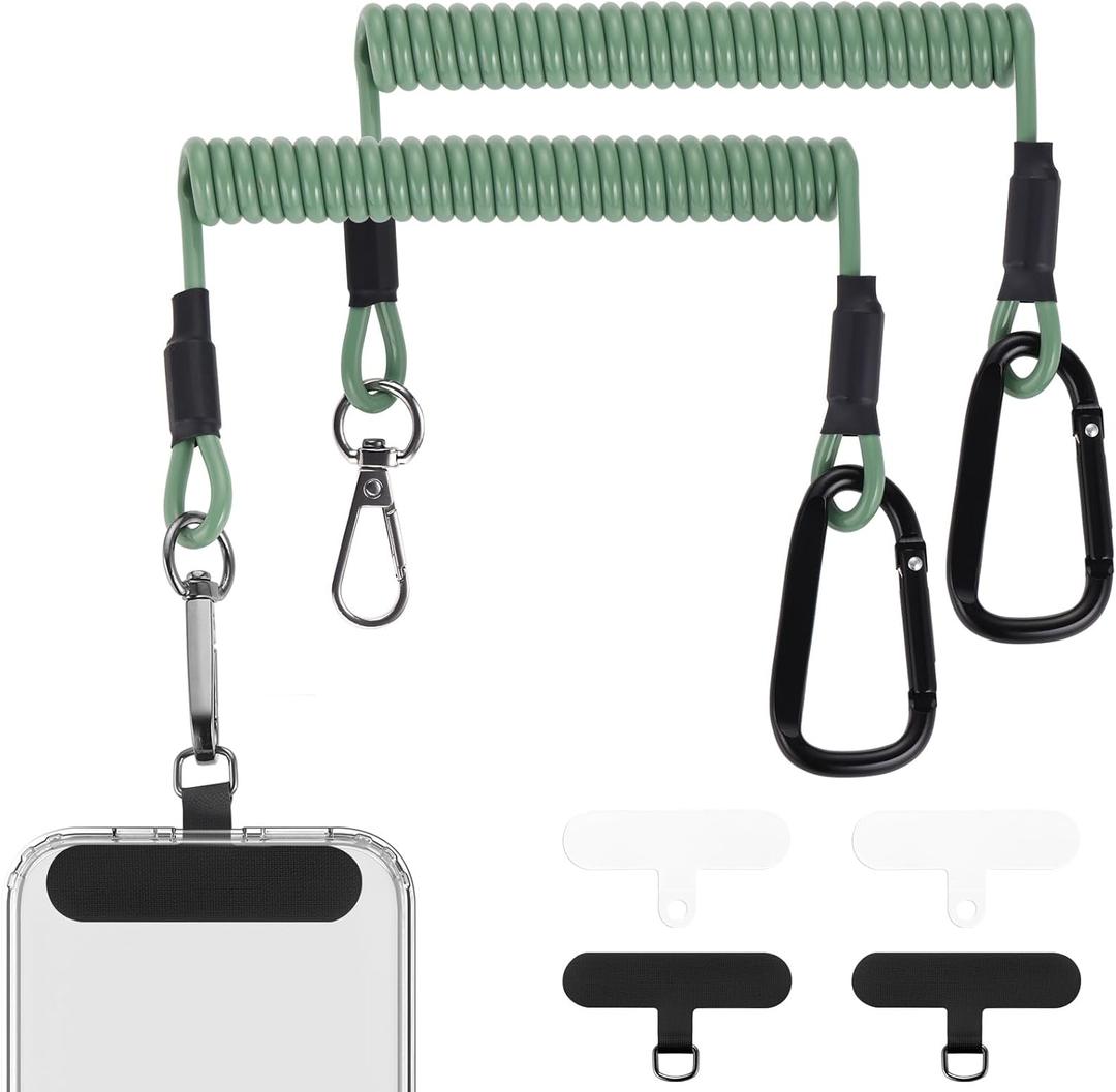 OUTXE 2 Retractable Phone Tether, 2 Carabiners, 4 Tab- Anti Theft & Anti-Drop Phone Lanyard for Secure Attachment, Great for Hiking/Skiing/Cycling/Climbing/Fishing/Boating/Kayak-Green