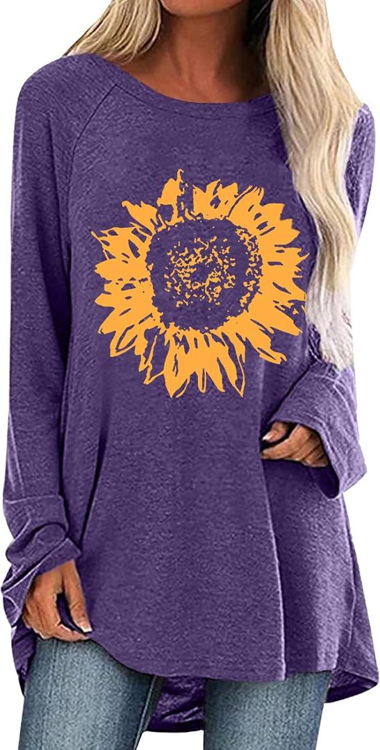 Locryz Women Tunic Tops for LeggingsGraphic Print Shirt Casual Long Sleeve Tunics Blouse (Purple, XL)