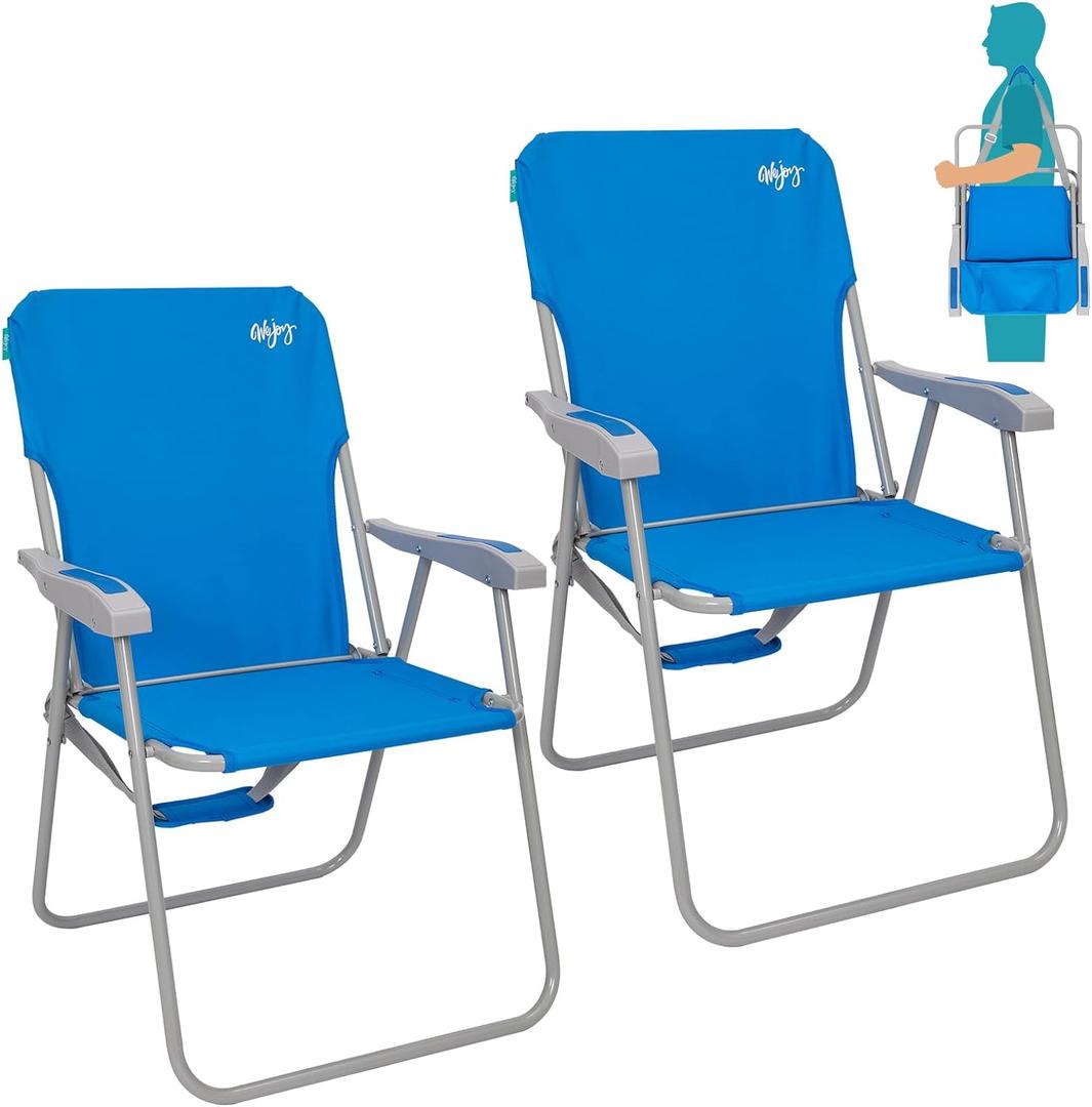 #WEJOY Folding Beach Chair for Adults, Lightweight Beach Chair with Shoulder Straps, High Back Beach Chairs with Hard Armrest, Supports 300lbs for Beach Lawn Concert (#Pack of 2, Blue)