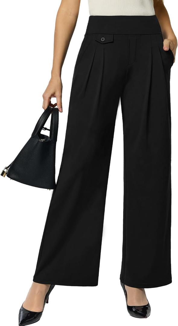 Womens Wide Leg Pants Pull On High Waist Stretch Dress Business Casual Yoga Work Pants with 5 Pockets (Small, Black)