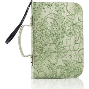 MEGREZ Bible Cover Case for Women and Men, Christian Classic Faux Leather Bible Cover, Bible Verse Cover Case, Green Plants
